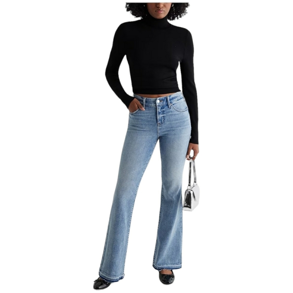 Express 70s Flare Mid Rise Jeans Womens Large 12/14/16 Raw Hem Light Wash Denim
